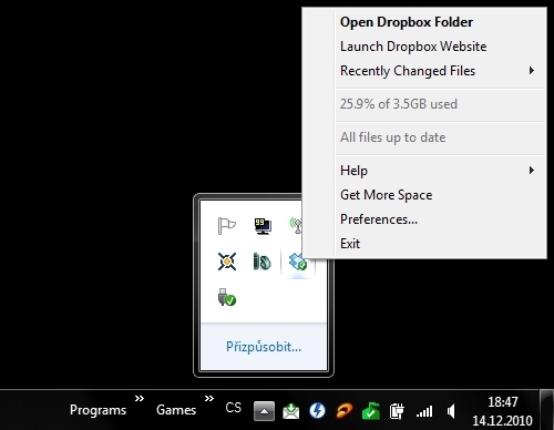 Funkce Dropboxu - tray ikonka